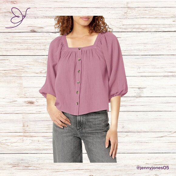 Purple Square Neck Button Front Crinkle Gauze Top-Size Large-NWT - Picture 1 of 7